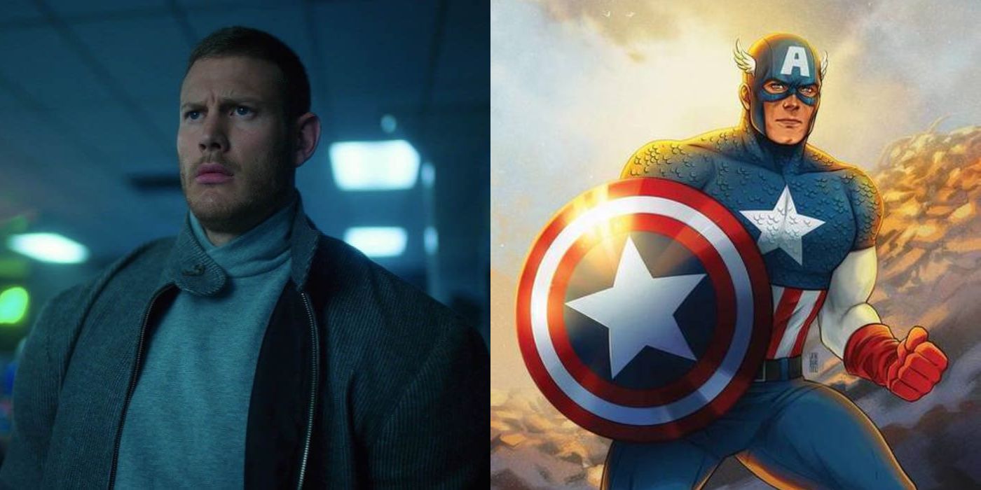 Split image showing Luther in The Umbrella Academy and Captain America in Marvel Comics.
