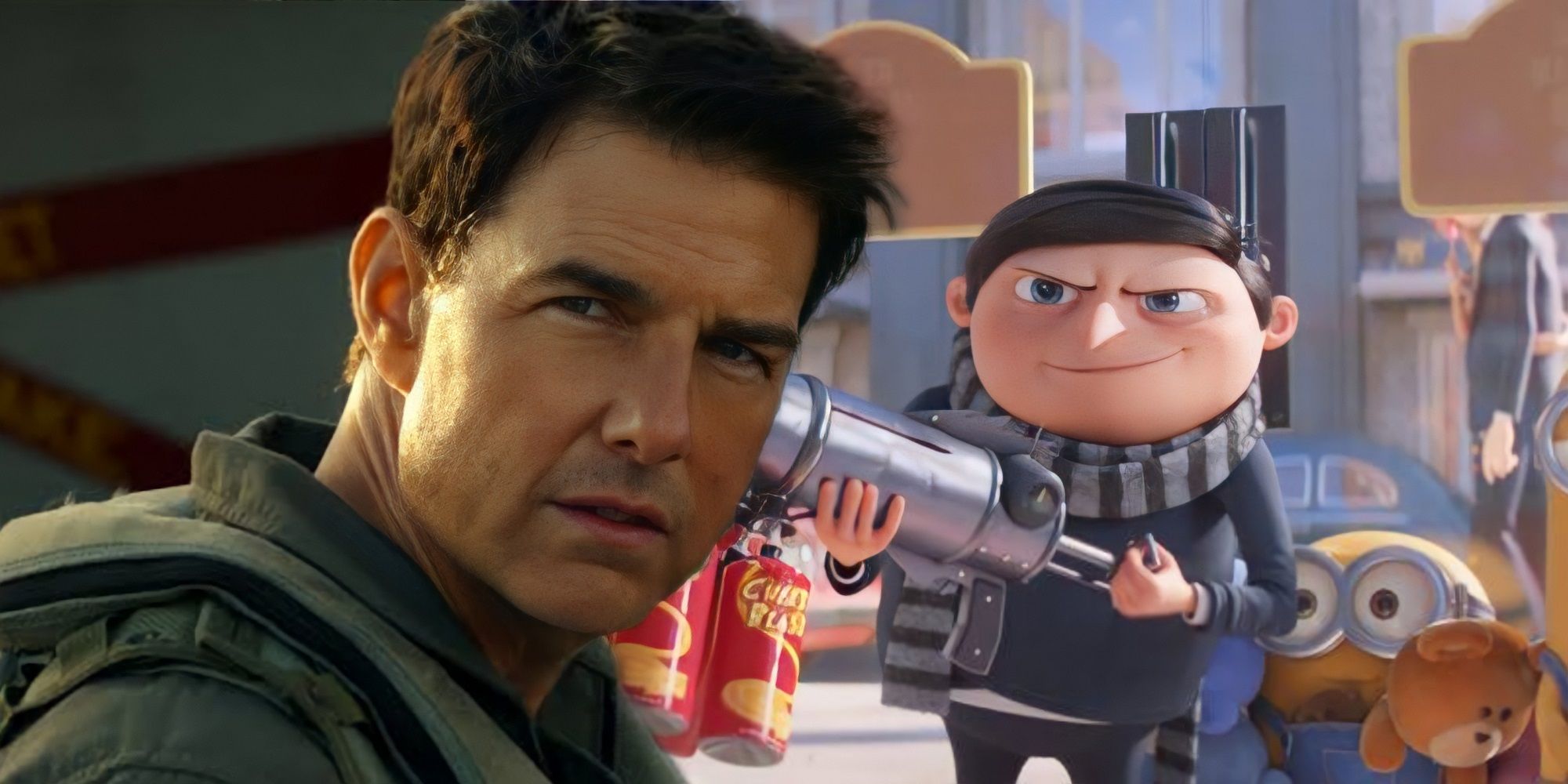 Tom cruise as Maverick in Top Gun: Maverick and Steve Carell as Gru in Minions: The Rise of Gru