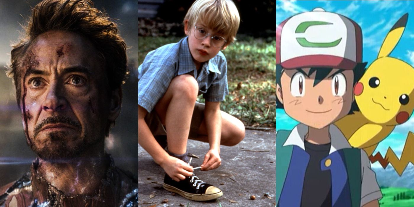 Split image of Tony Stark in Avengers: Endgame, Thomas J. in My Girl, and Ash Ketchum with Pikachu