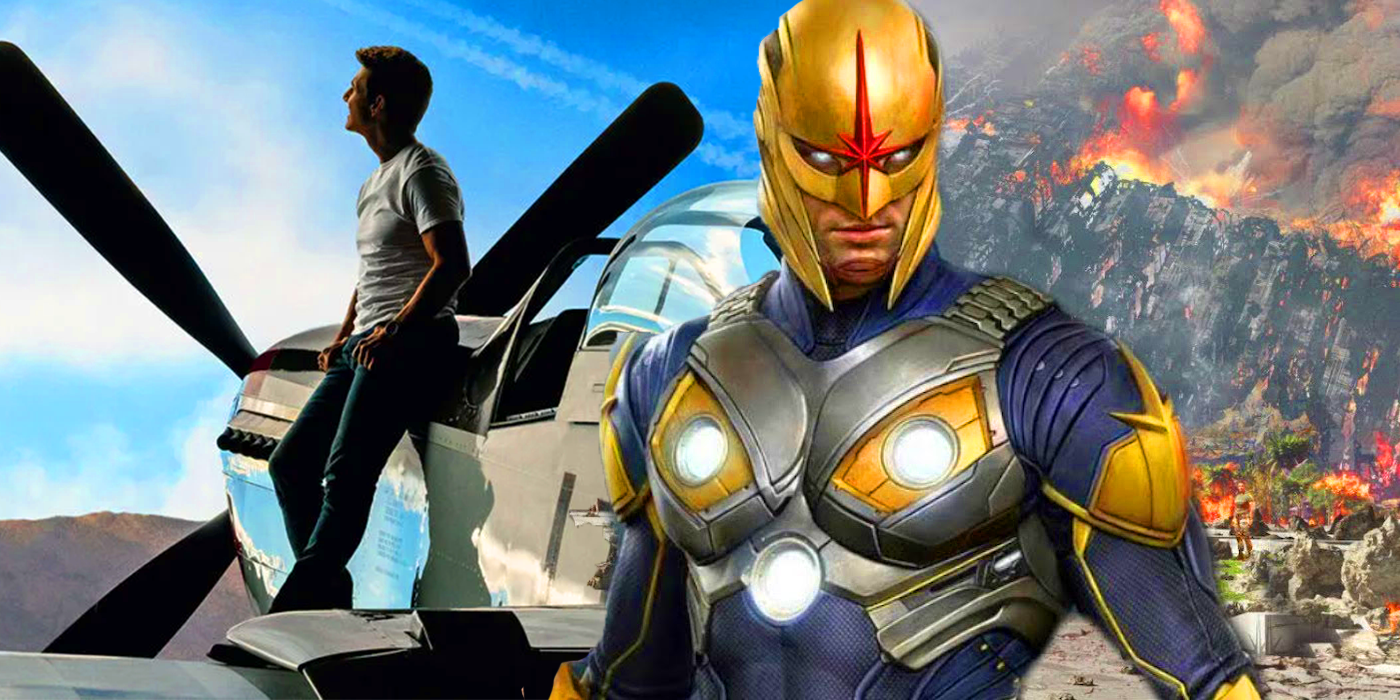 Collage of Tom Cruise standing against a plan and a blue sky and Marvel's Nova