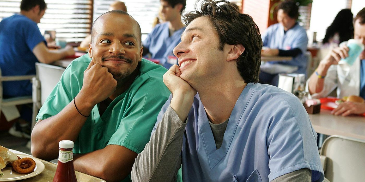 Turk and JD looking lovingly at each other in Scrubs