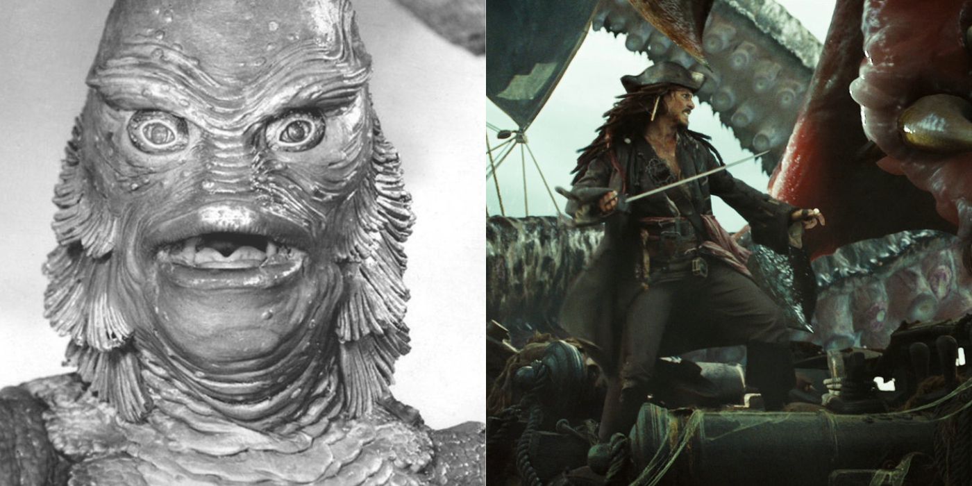 Two side by side images from Pirates of the Carribean Dead Man's Chest and Gill-Man From Black Lagoon