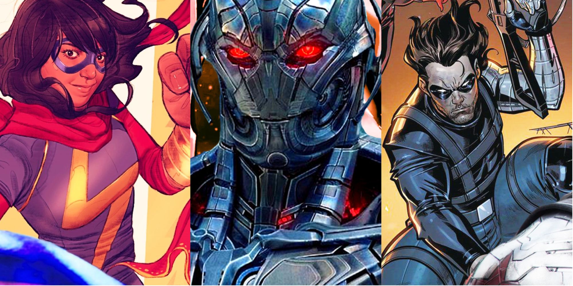 A split image of Bucky and Ms Marvel from Marvel Comics and Ultron form the MCU.