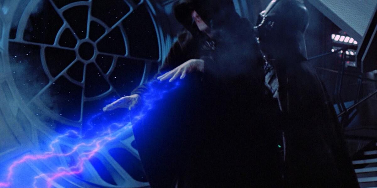 Darth Vader saves his son Luke from Emperor Palpatine