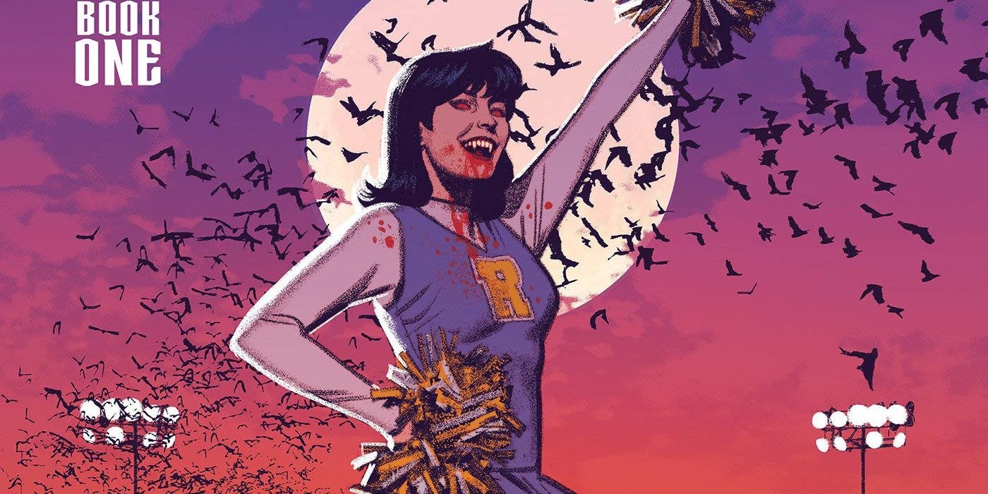 Veronica posing in front of the moon and flying bats, with pom poms and wearing her cheerleader uniform, smiling with red eyes, fangs, and blood running down her mouth. 