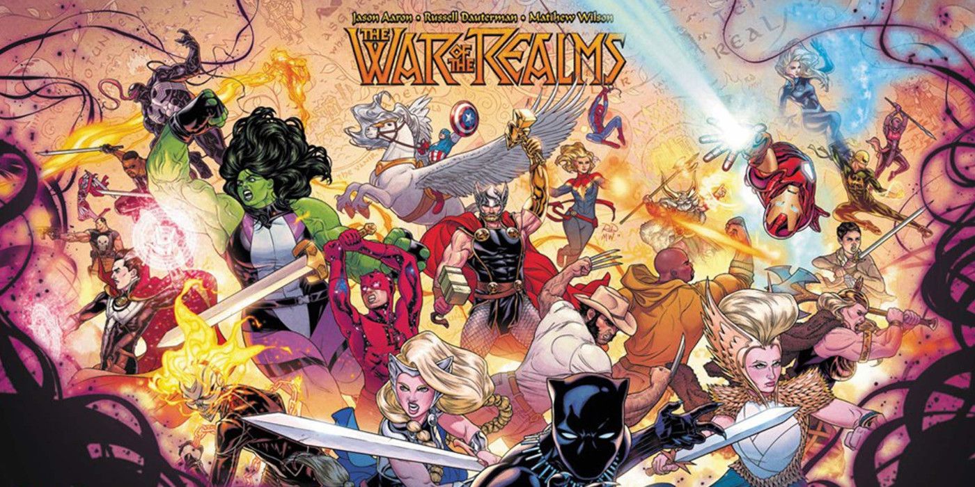 various heroes and villains on the cover of the war of the realms