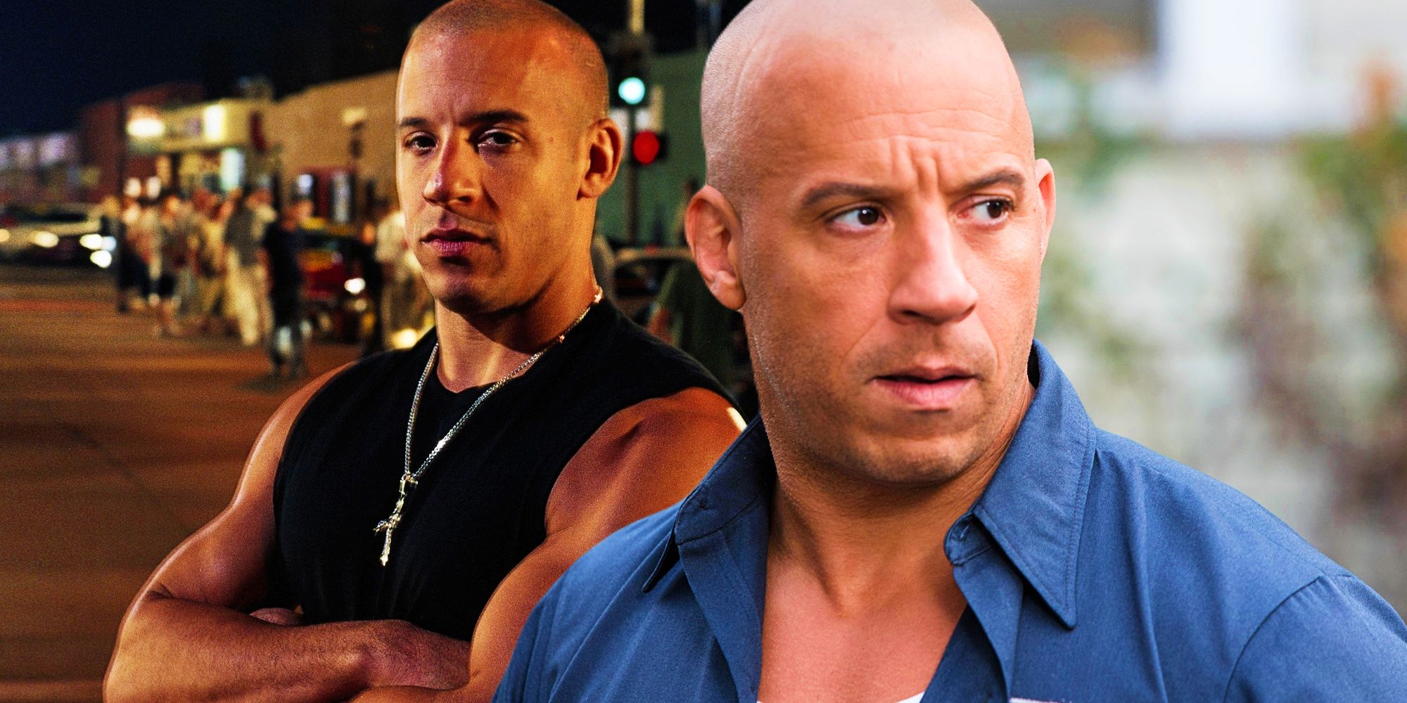Vin Diesel as Dominic Toretto in F9 and in The Fast and the Furious