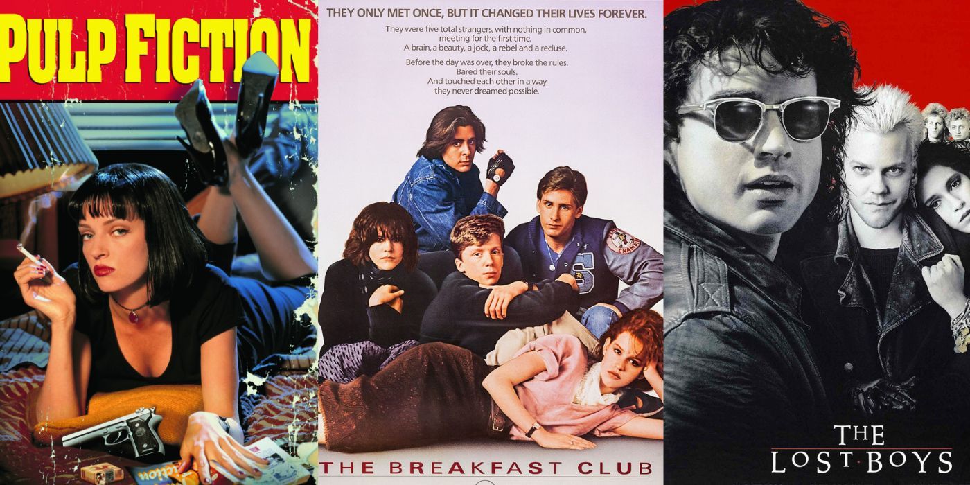 Split image of Pulp Fiction poster, The Breakfast Club poster and The Lost Boys poster
