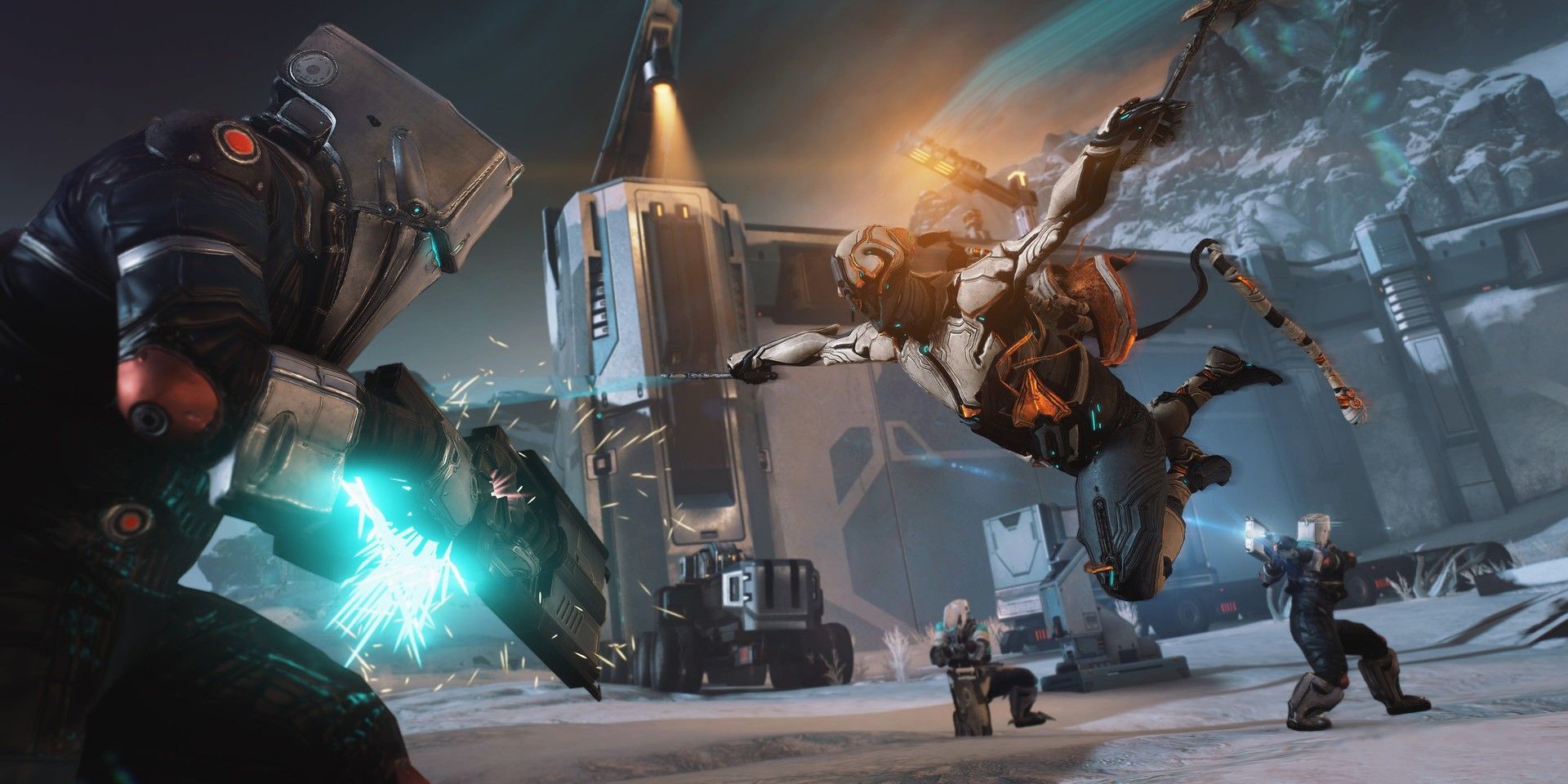 A Warframe jumping at a Corpus enemy while other Corpus enemies shoot at them.
