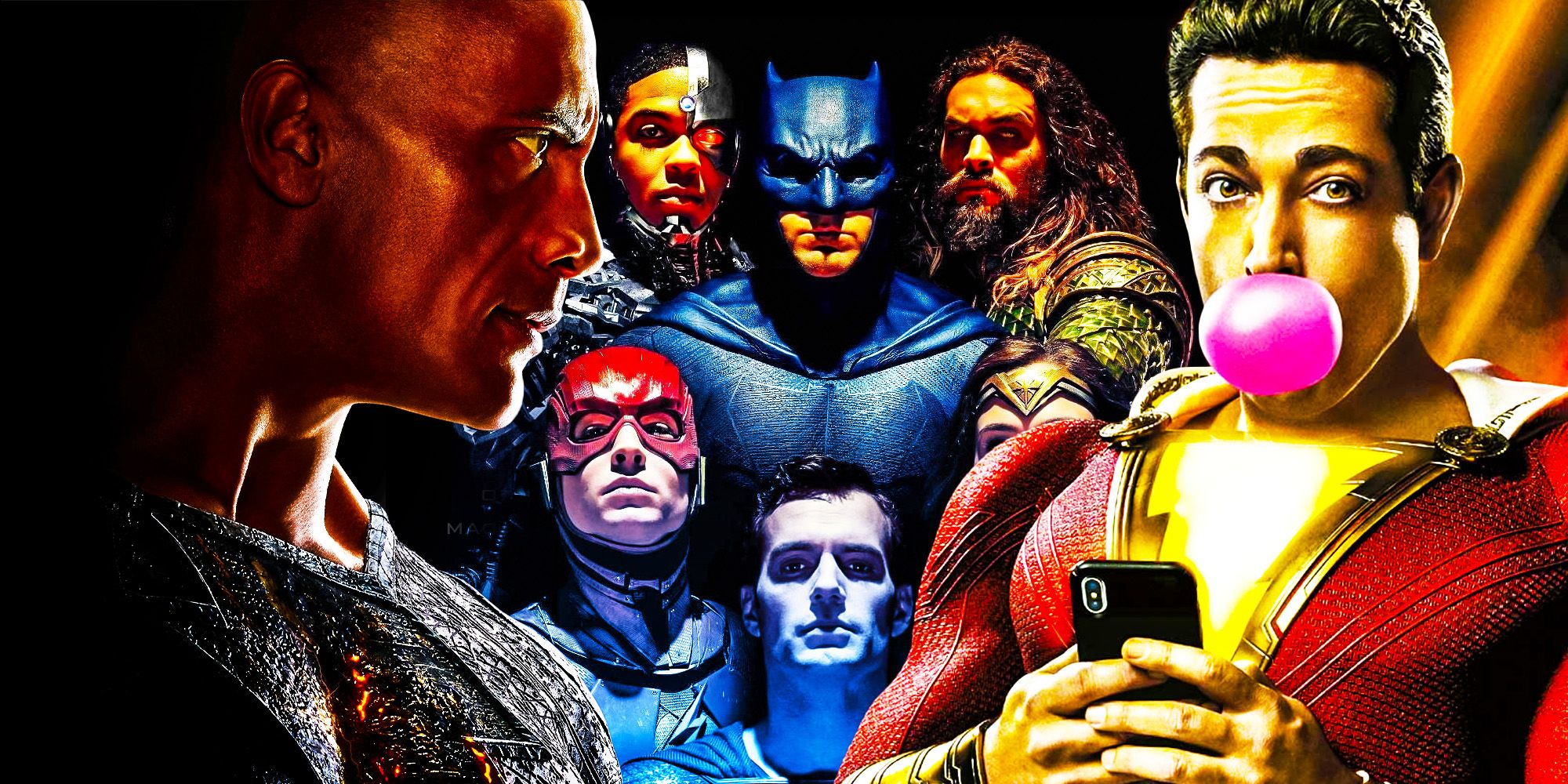 justice league poster flanked by dwayne johnson as black adam and zachary levi as shazam