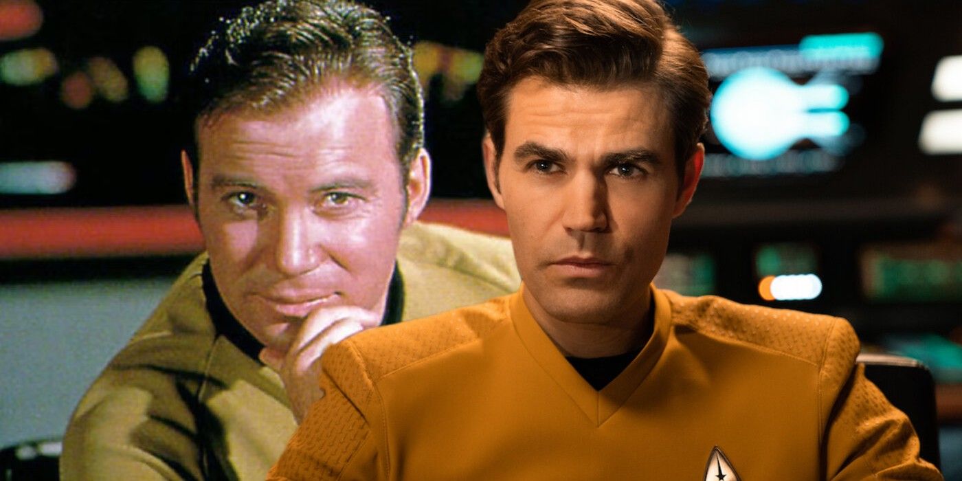 William Shatner as Kirk in Star Trek and Paul Wesley as Kirk in Strange New Worlds