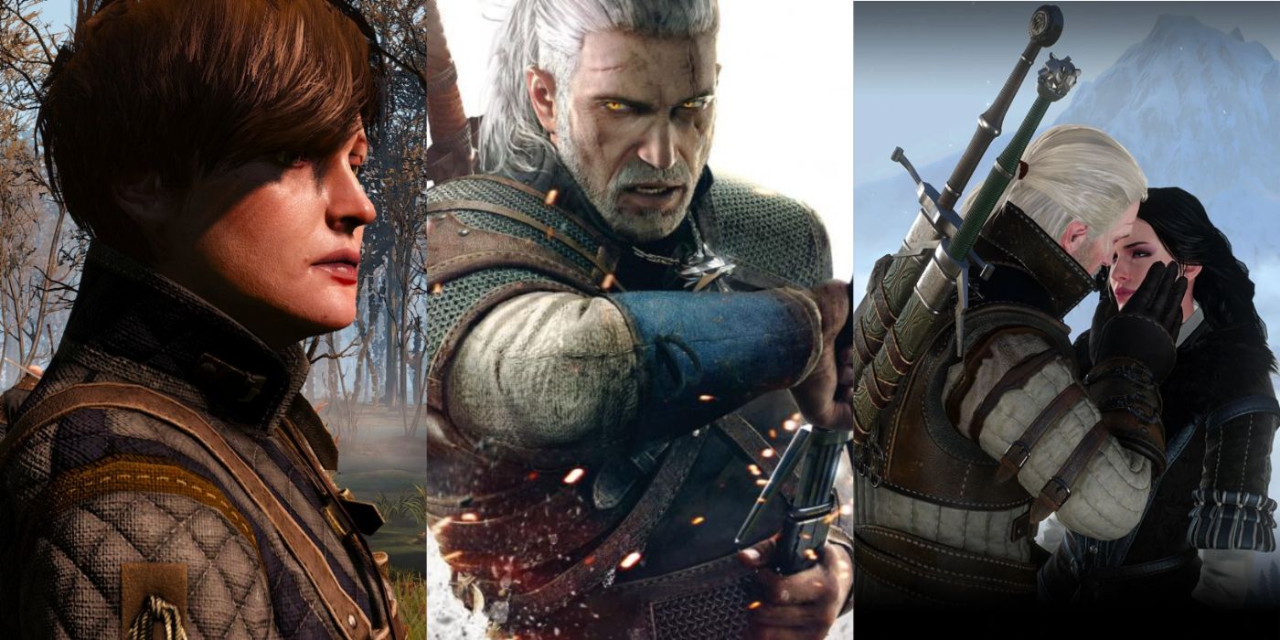 Split image of Tamara, Geralt, and Geralt and Yennefer embracing in The Witcher 3.