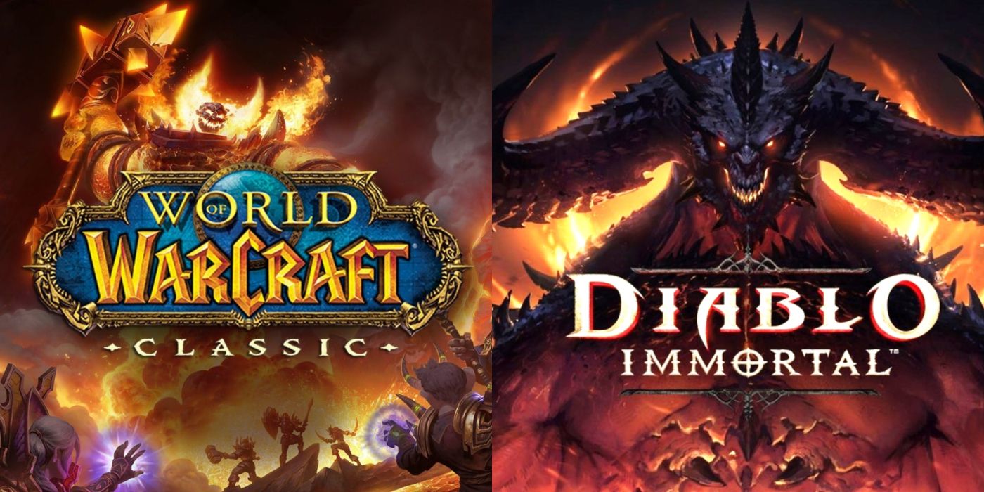 Split image of WoW Classic and Diablo Immortal promo art featuring the demonic Skarn.