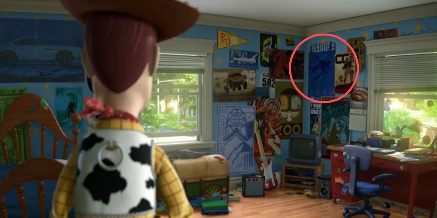 Woody stands in Andys room with an Easter egg to Bugs Life