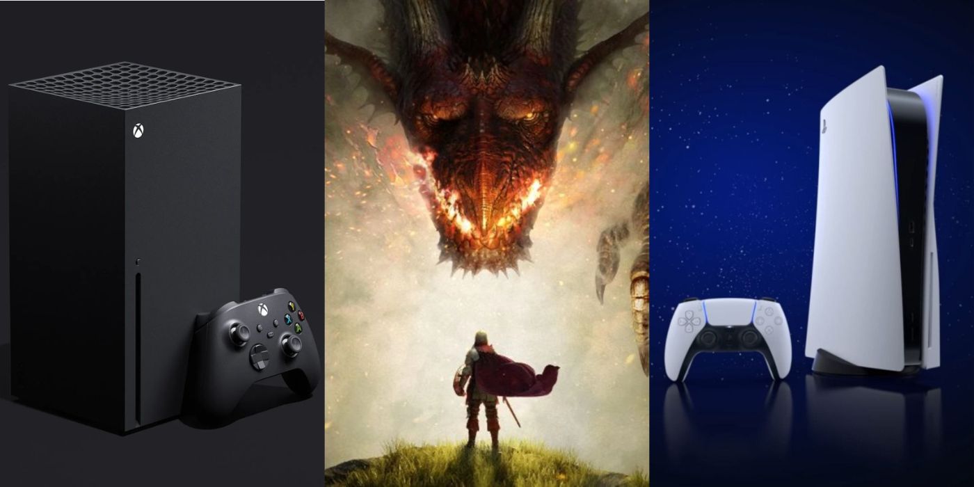 Split image of the Xbox Series X, Dragon's Dogma 2 key art, and PS5.