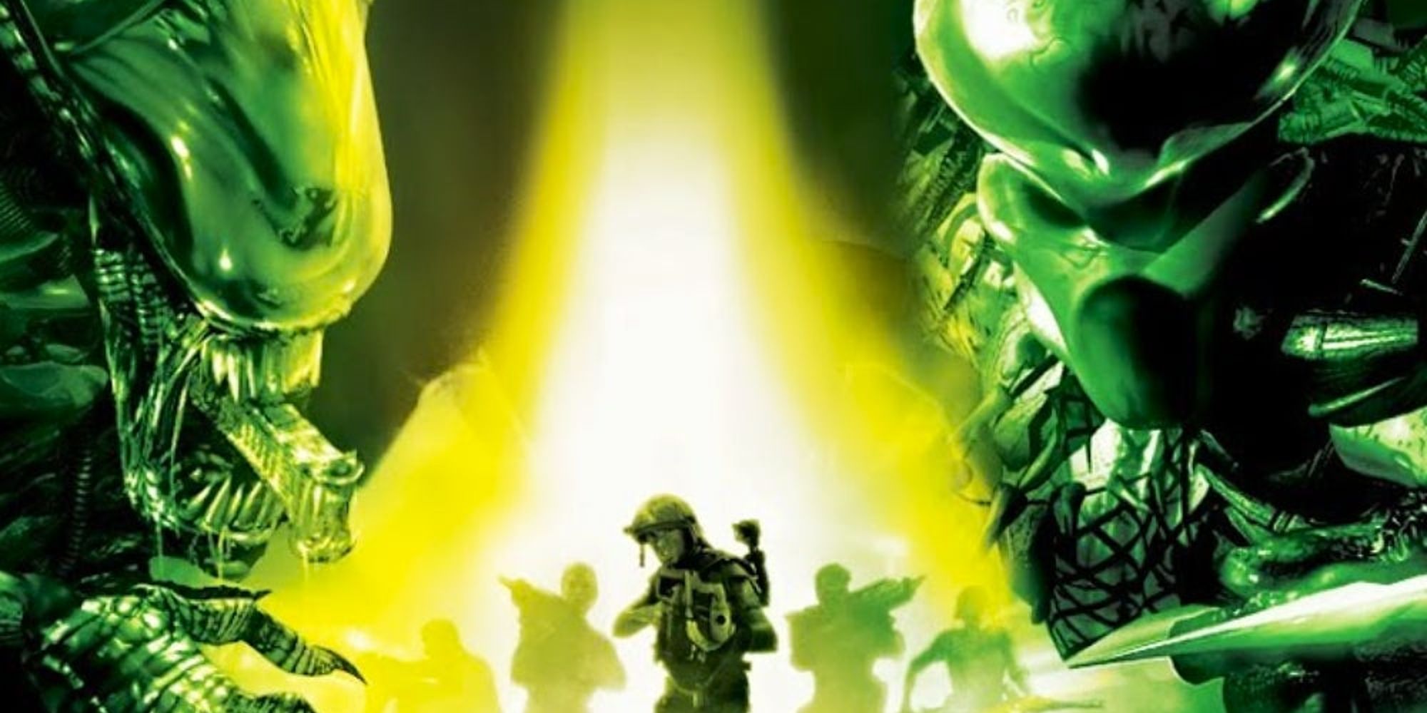 Xenomorph Yautja and marines in cover artwork for Aliens Vs. Predator