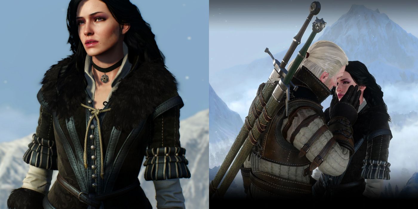 Split image of Yennefer and Geralt embracing her in The Witcher 3.