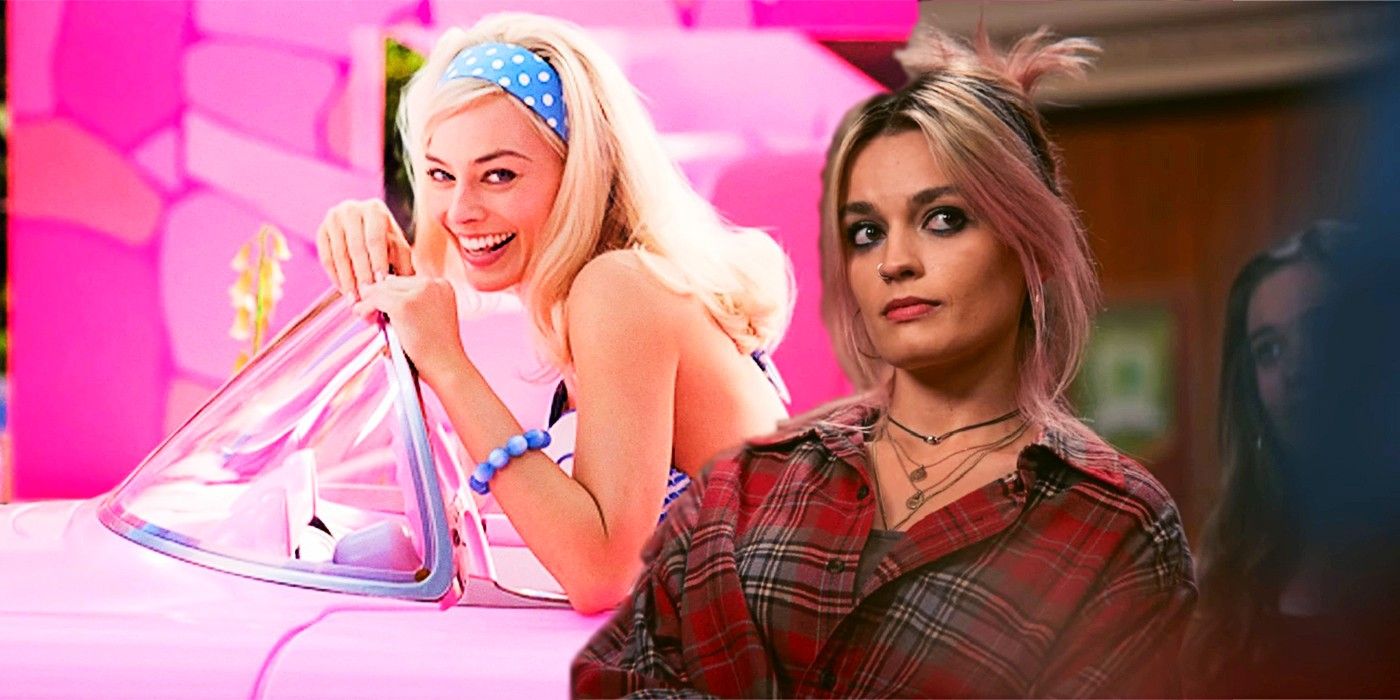 Blended image showing Margot Robbie as Barbie and Emma Mackie in Sex Education.