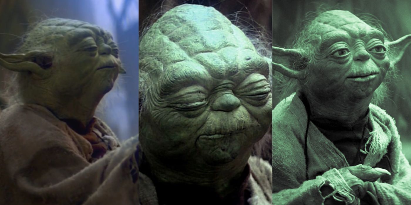 Three vertical images of Yoda's face