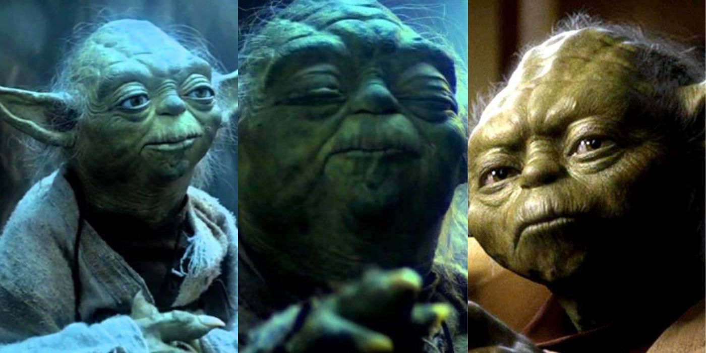 Three vertical images of Yoda close up