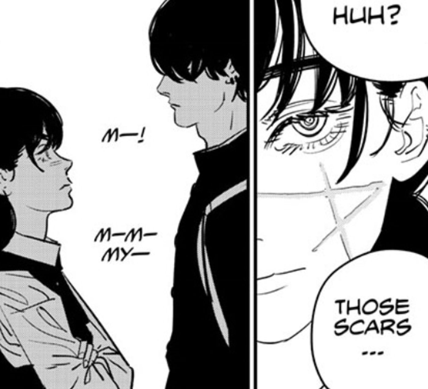 Yoshida notices the scars that suddenly appear on Asa Mikatas face when the War Devil takes over her body in Chainsaw Man chapter 99