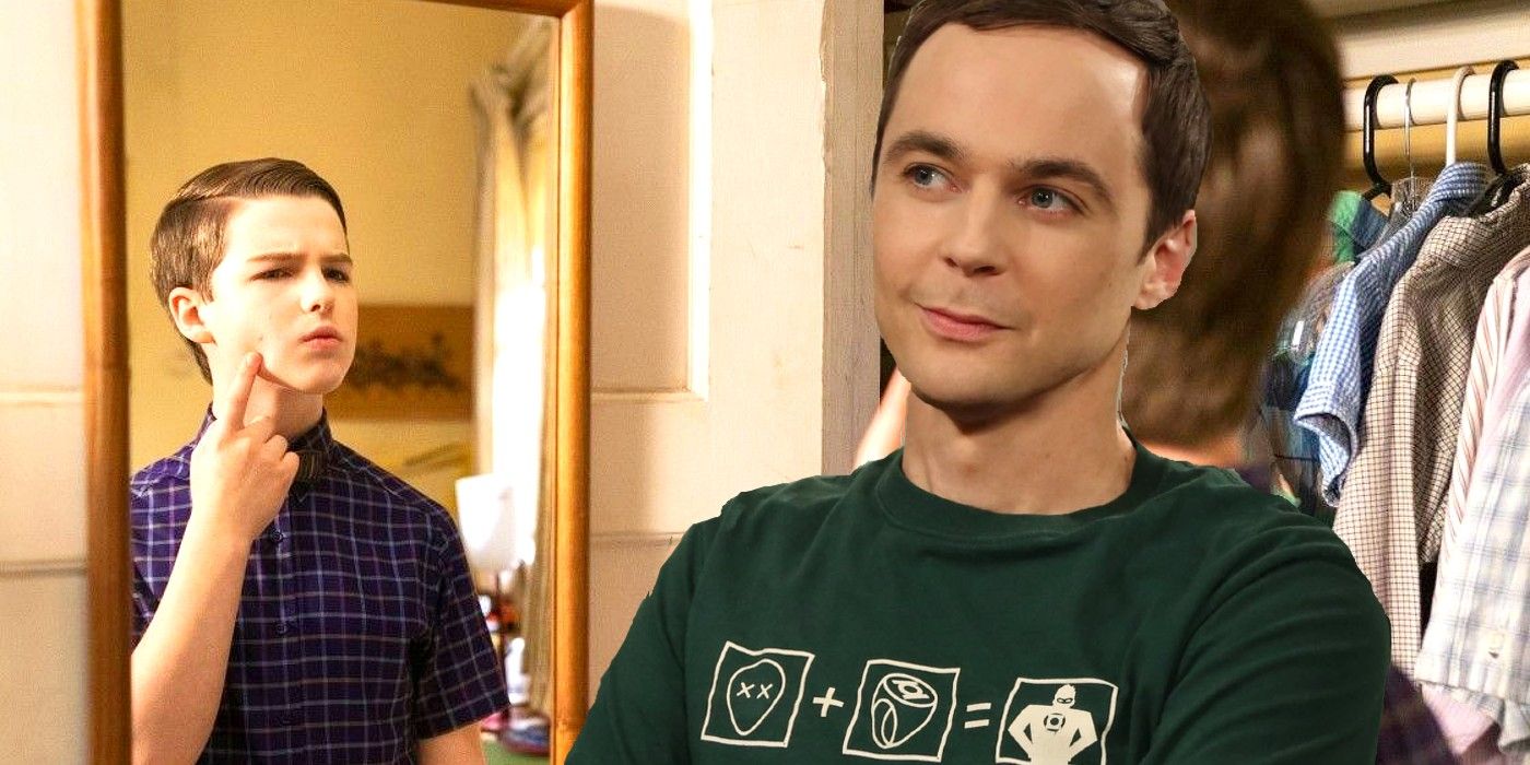 Young Sheldon looks in the mirror with TBBT Sheldon
