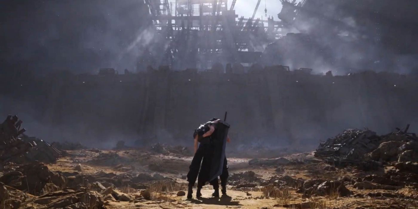 Zack carrying Cloud as he overlooks the looming outer wall of Midgar.