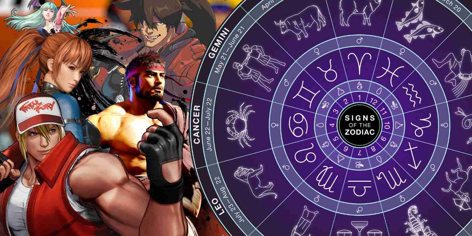 Terry, Ryu, Kasumi, Sol, and Morrigan appear next to a Zodiac Wheel for fighting game characters.