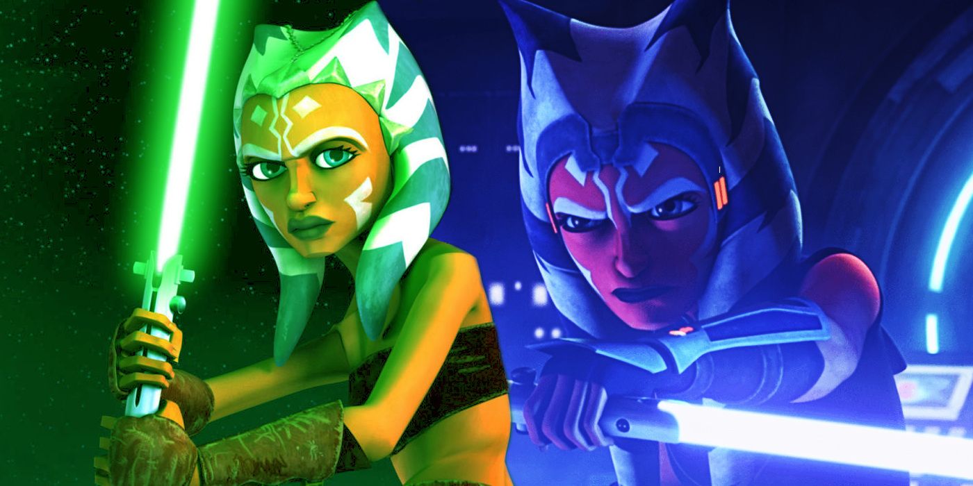 Ahsoka Tano in animated Star Wars with green and blue lightsabers