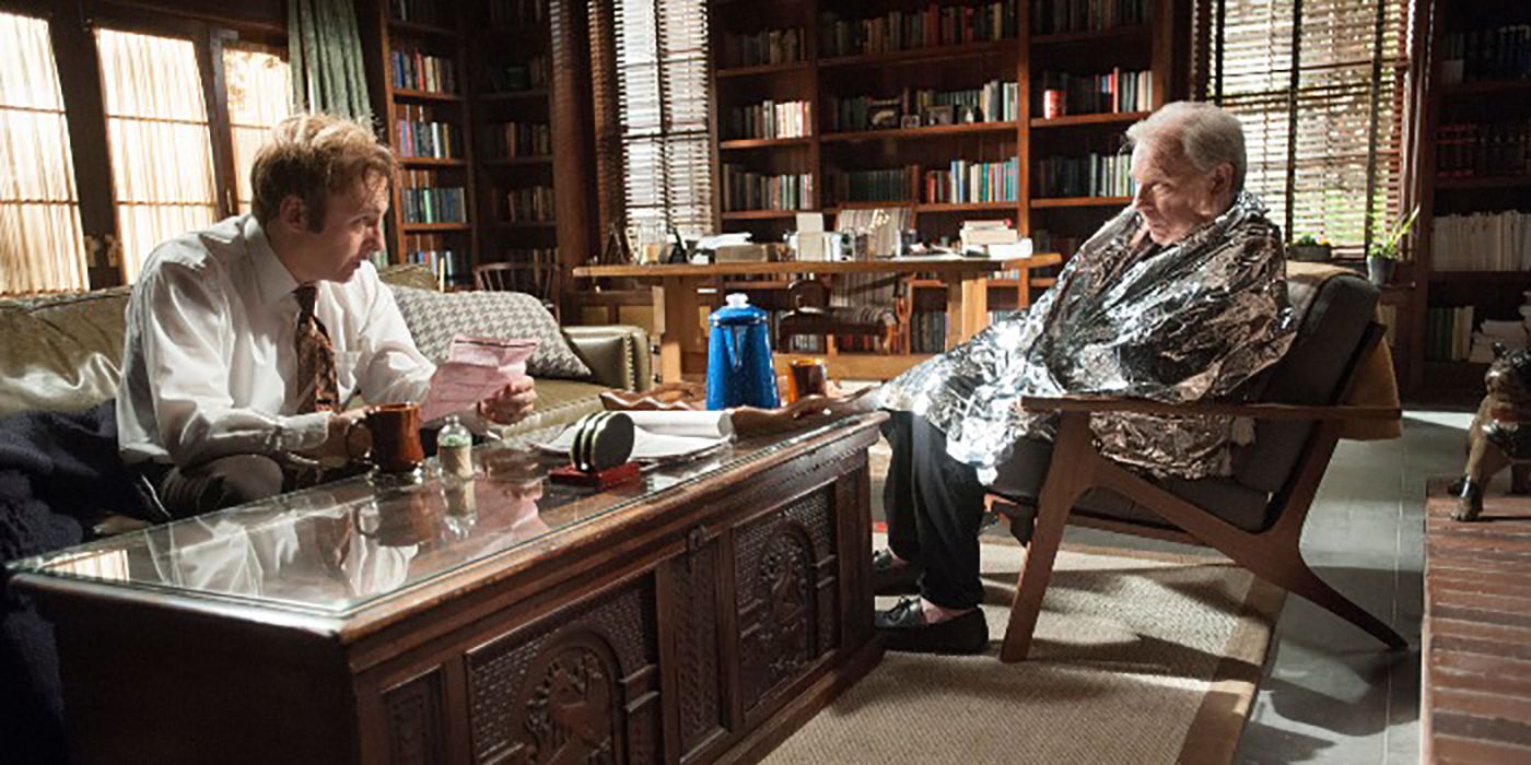 Jimmy talking to Chuck in his house in Better Call Saul, Chuck wearing foil over his body.