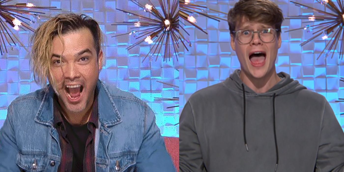 Split image of Daniel and Kyle from Big Brother 24 in the diary room, both looking excited, mouths wide open.