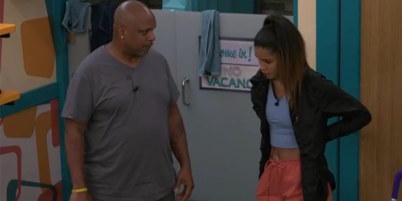 Terrance and Ameerah from Big Brother 24 standing in the house, talking.