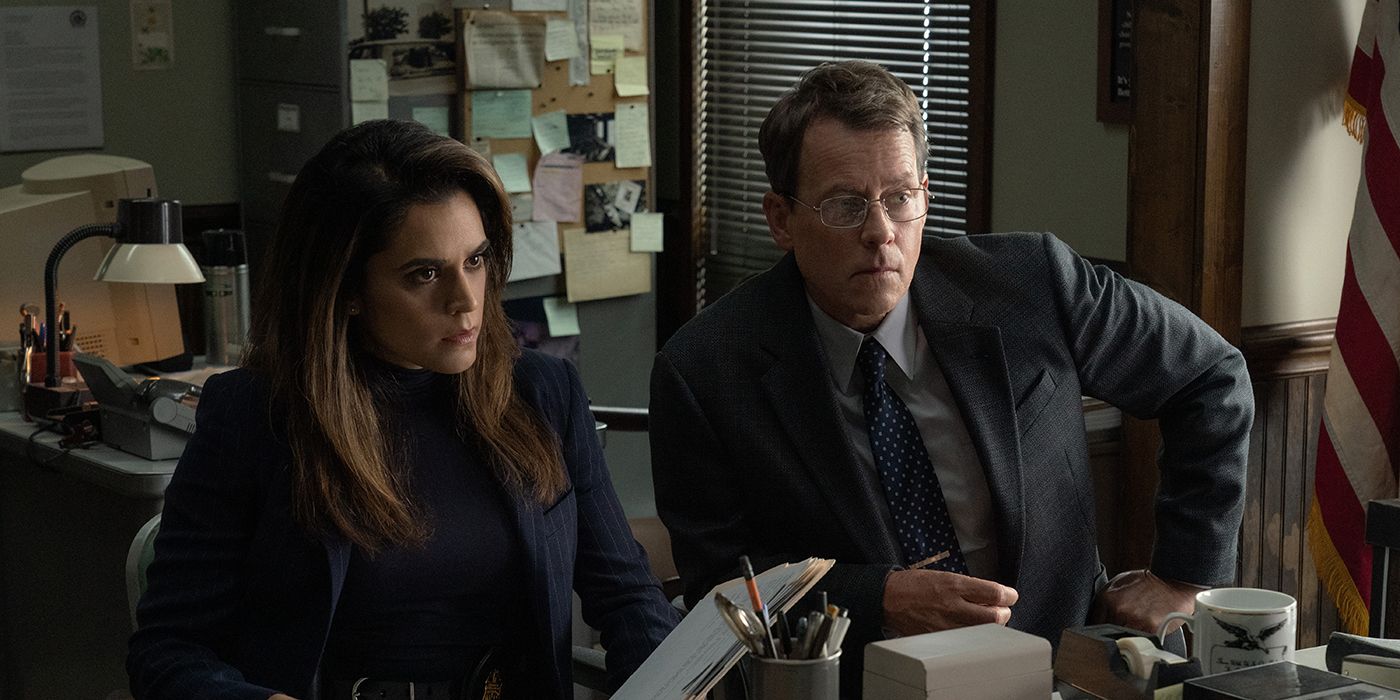 Sepideh Moafi and Greg Kinneal sitting in their office in a scene from Black Bird.