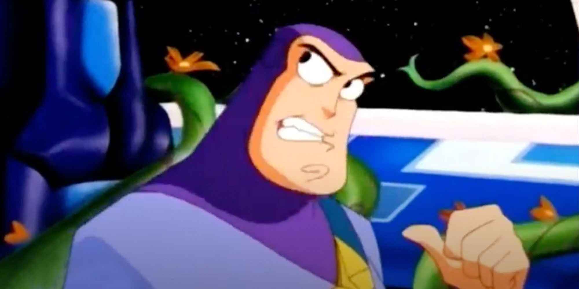Buzz in a spaceship cockpit surrounded by vines in in Buzz Lightyear of Star Command..