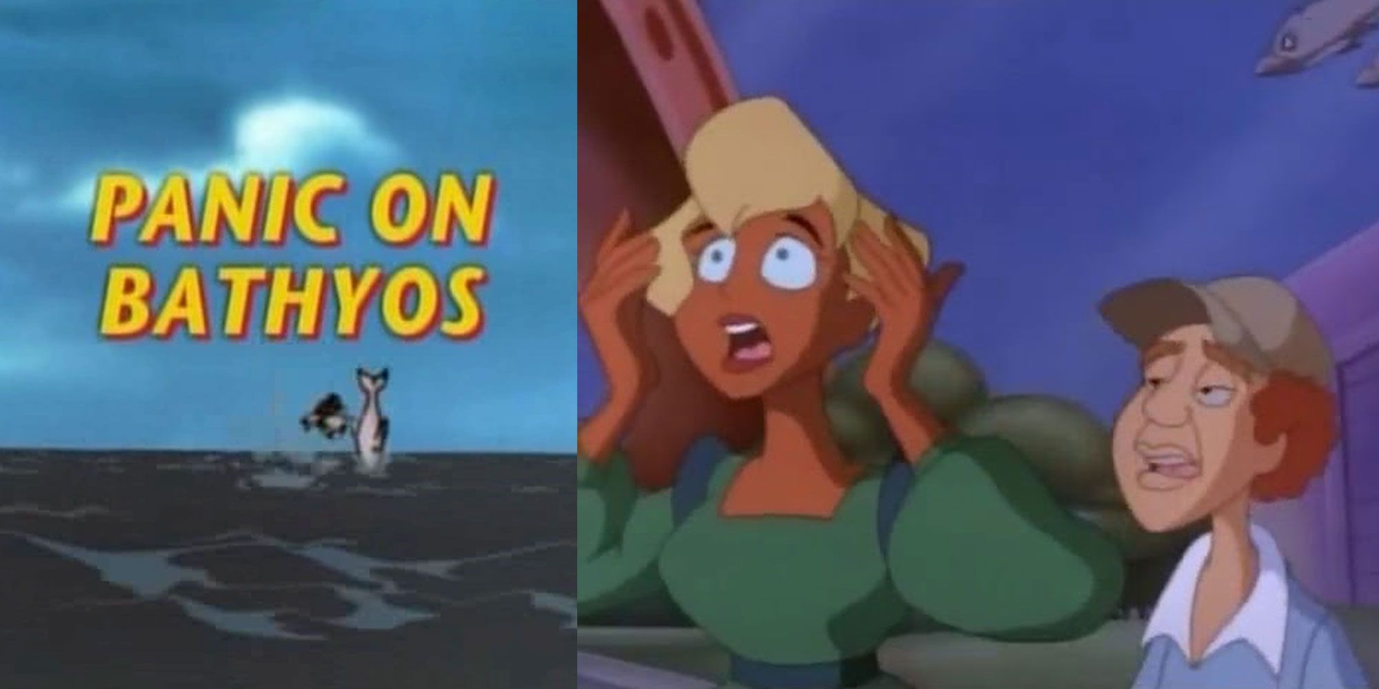 A split image of an ocean and concerned people in Buzz Lightyear of Star Command.