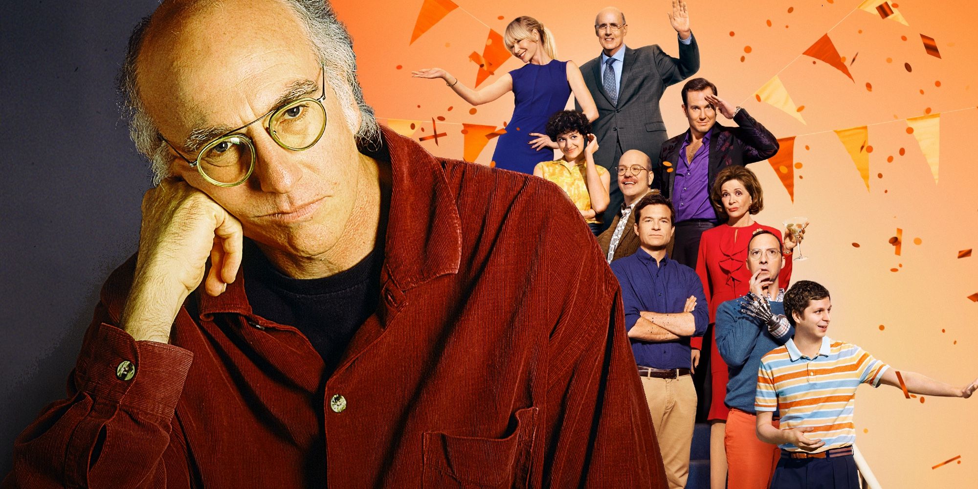 larry David in curb your enthusiasm poster and the bluth family in arrested development