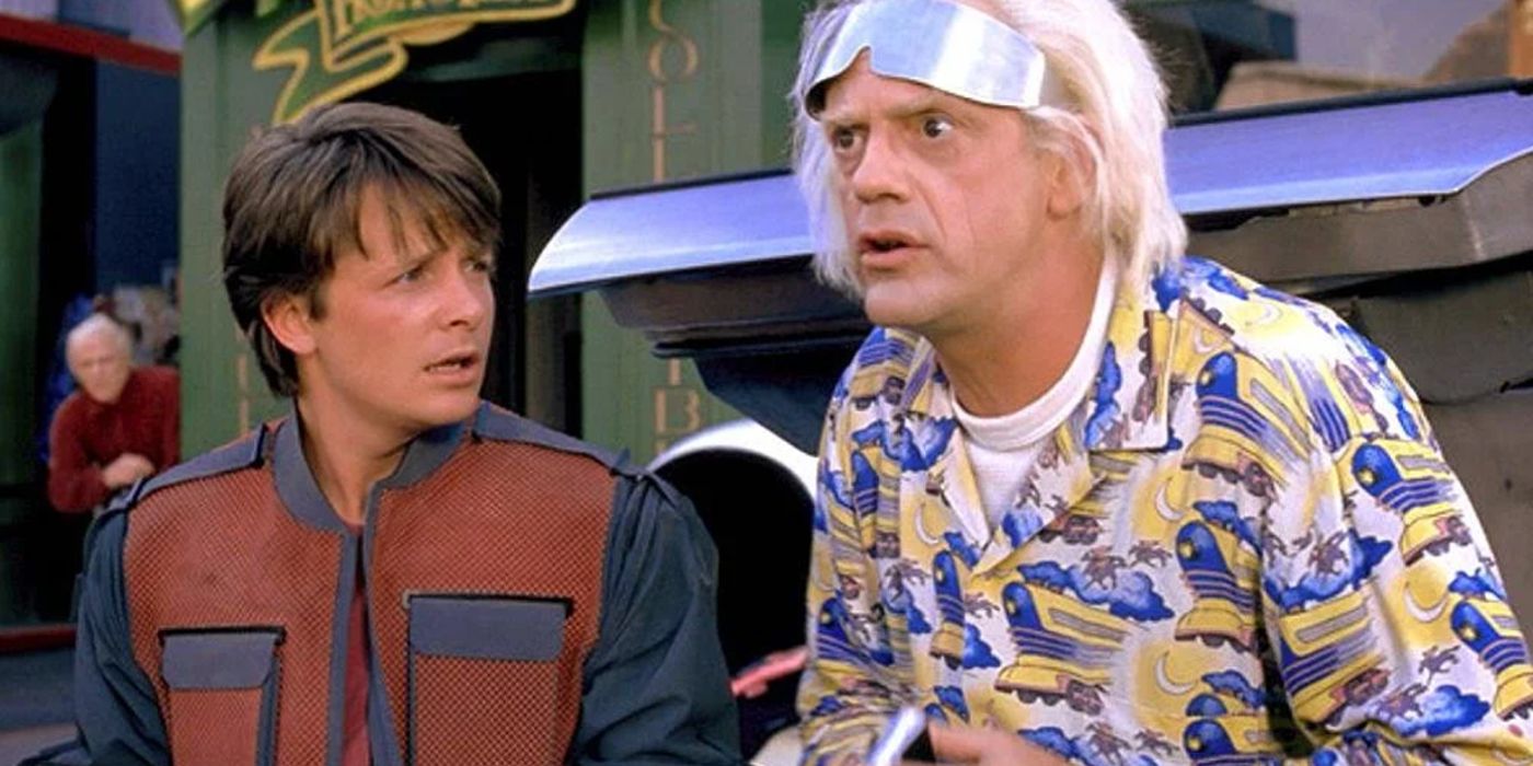 Michael J Fox as Marty McFly and Christopher Lloyd as Doc Emmett Brown in Back to the Future Part 2