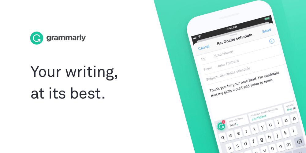 Grammarly's logo and slogan is displayed