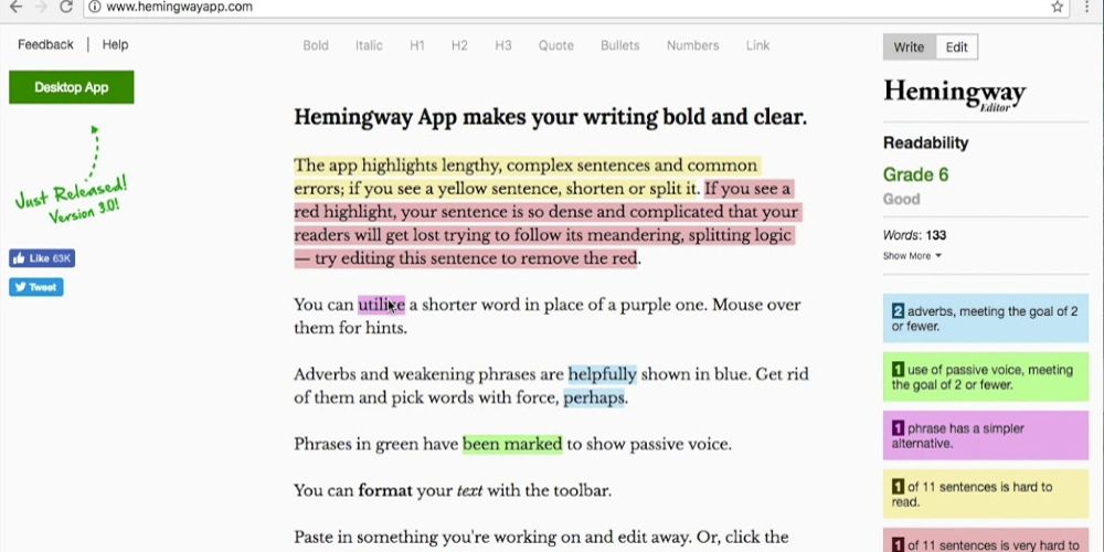 A text page is displayed on the Hemingway app