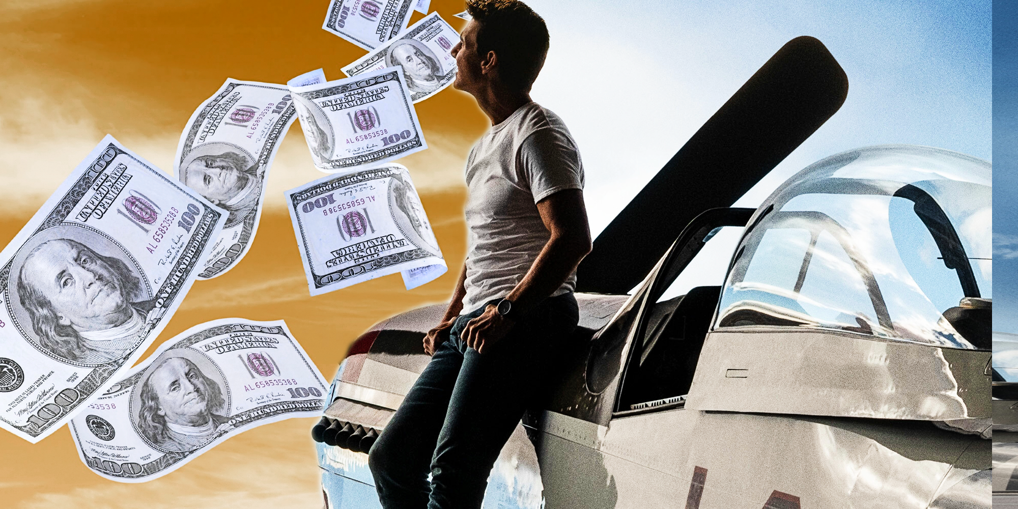 tom cruise leaning on a plane in top gun maverick next to falling money