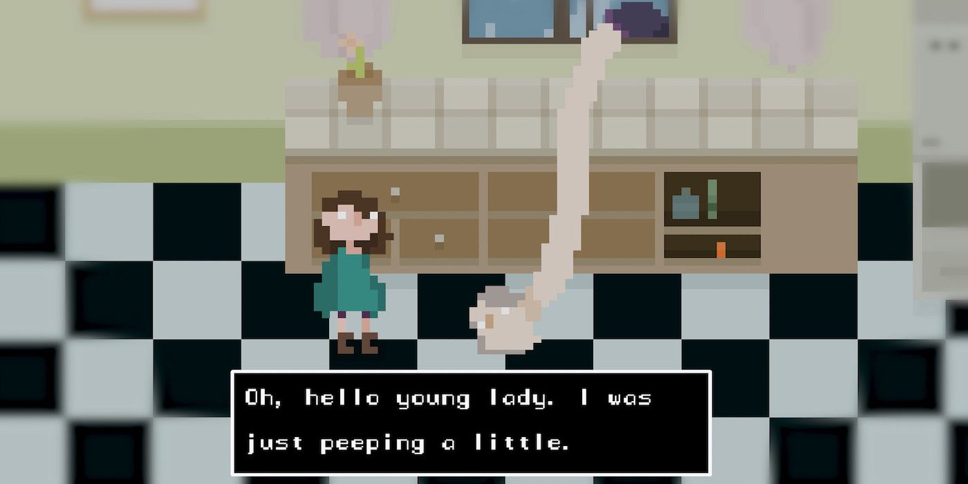 A screenshot of Tabby talking to the long-necked woman in the game House