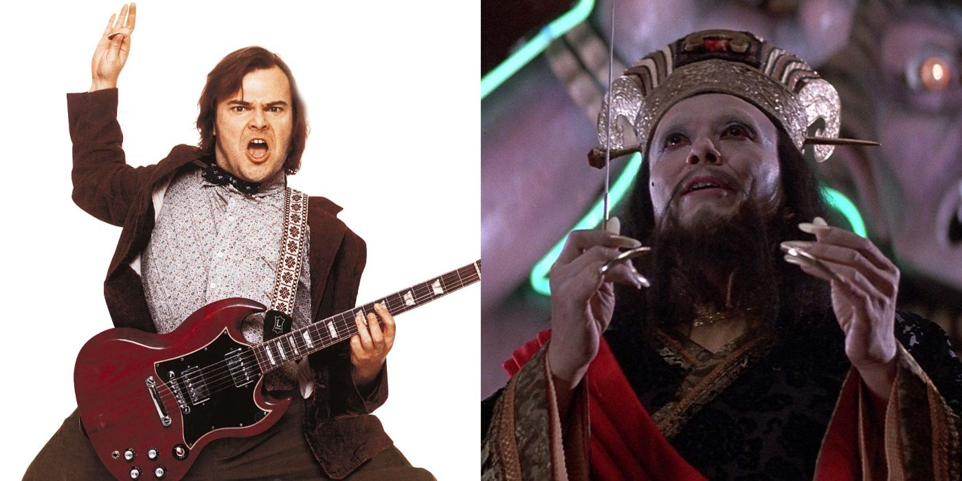 Dewey poses with his guitar in School of Rock and Lo Pan holds a needle in Big Trouble in Little China