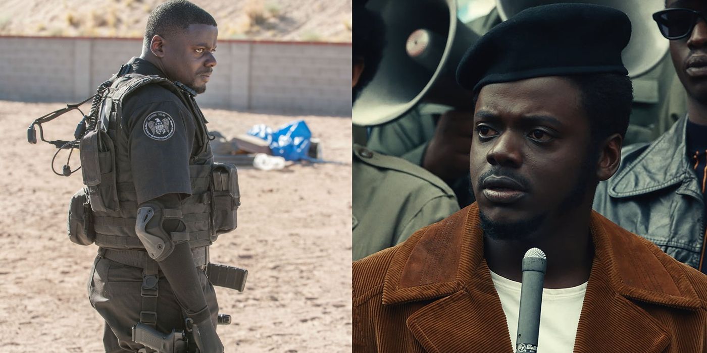 Colin wears tactical gear in the desert in Sicario and Fred gives a public speech in Judas and the Black Messiah