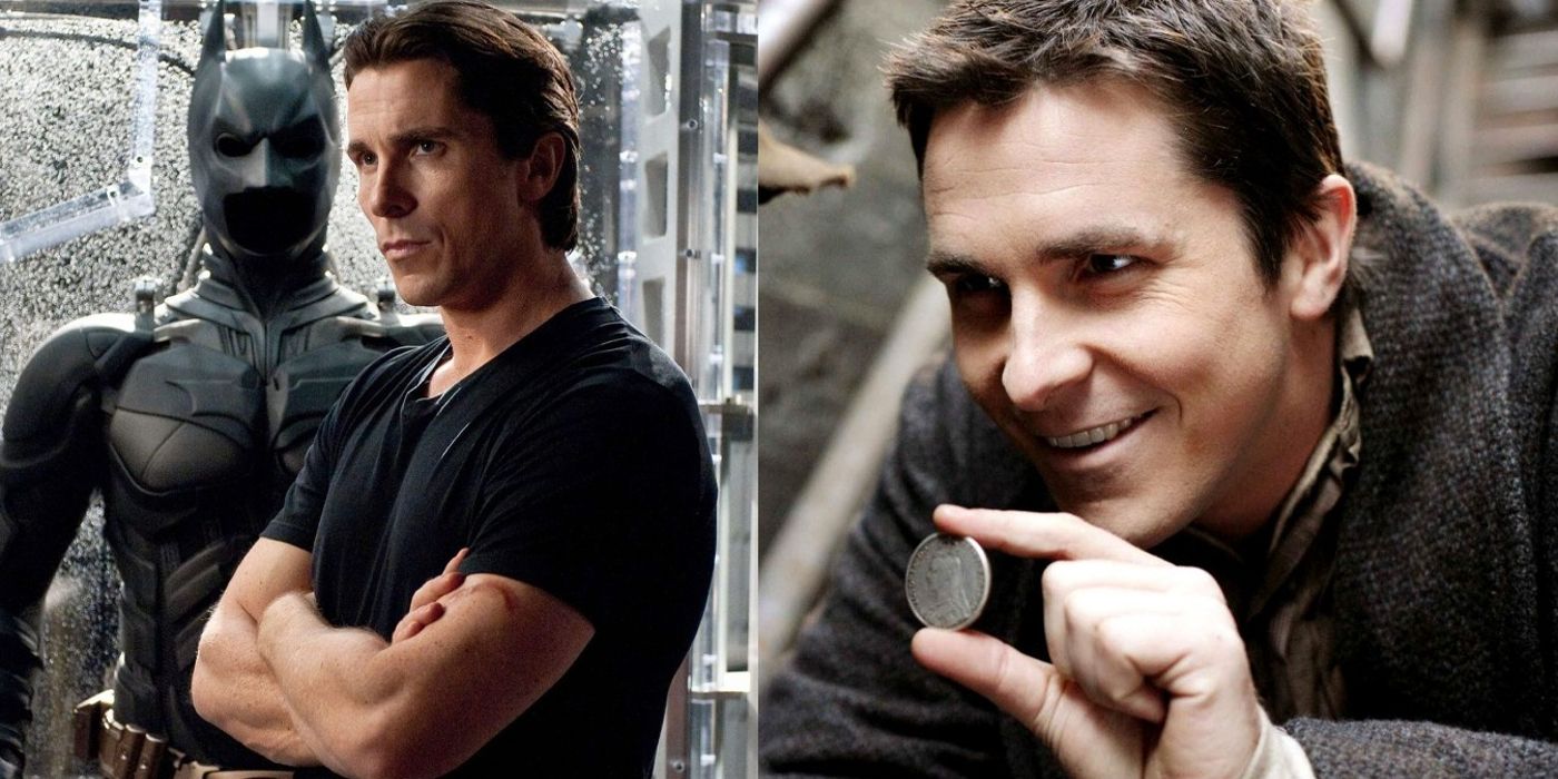 Bruce poses by the bat suit in The Dark Knight and Borden holds a coin in The Prestige
