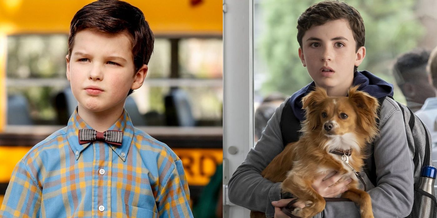 Sheldon stands before a school bus in Young Sheldon and Noah holds Dude at school in The Healing Powers of Dude