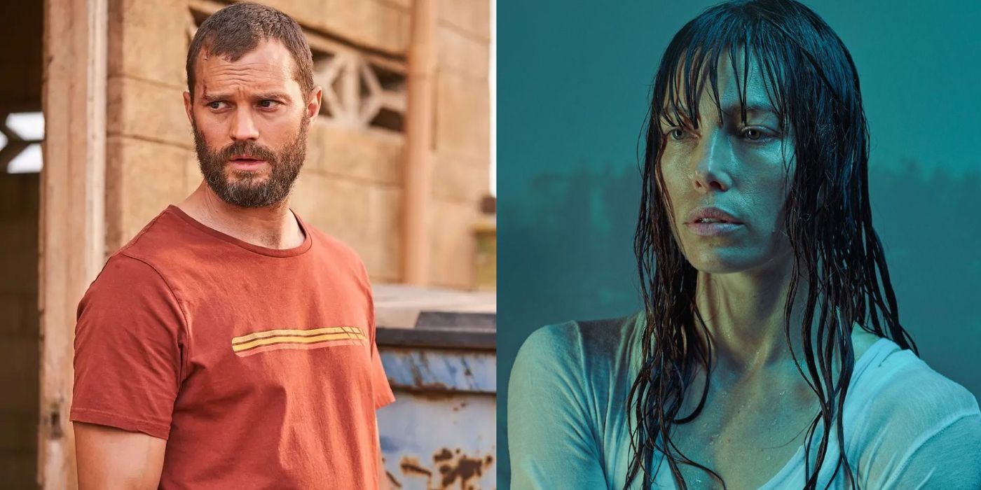 The Man wears an orange shirt in the desert on The Tourist and Cora stands in the rain on The Sinner