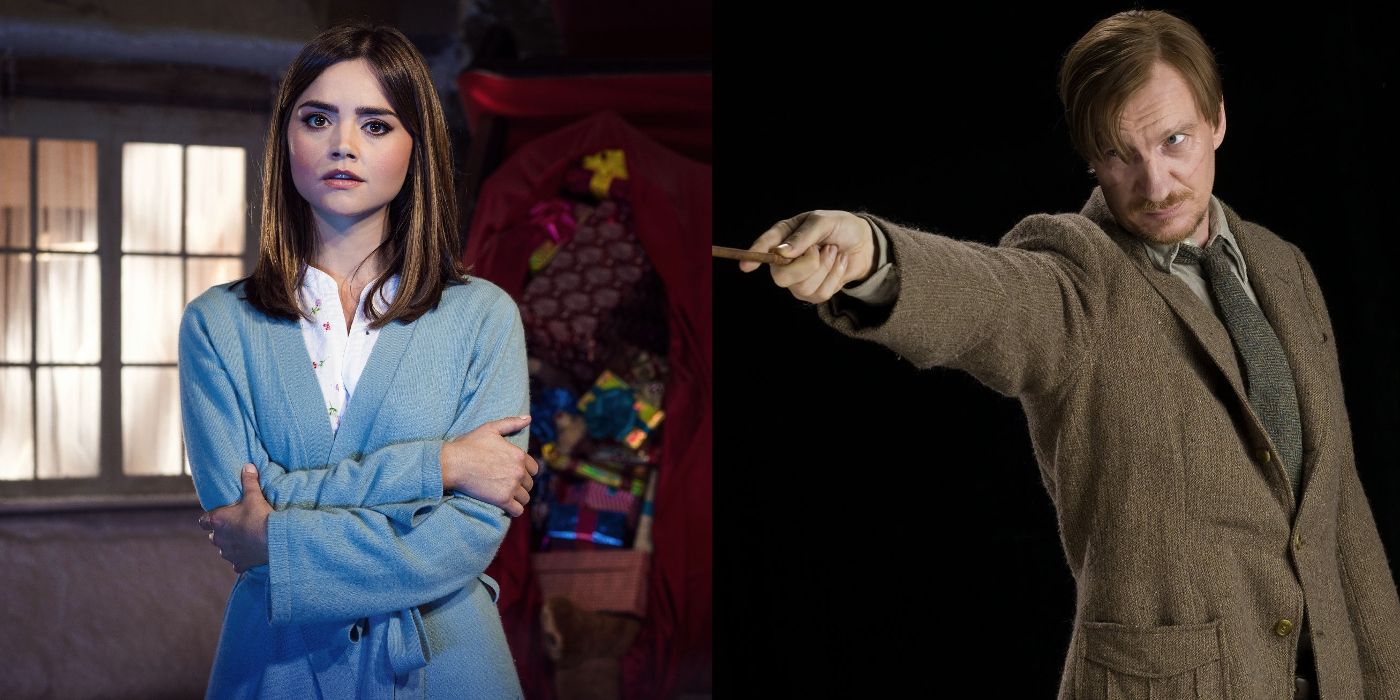 Clara folds her arms in a blue sweater on Doctor Who and Remus extends his wand in Harry Potter 3