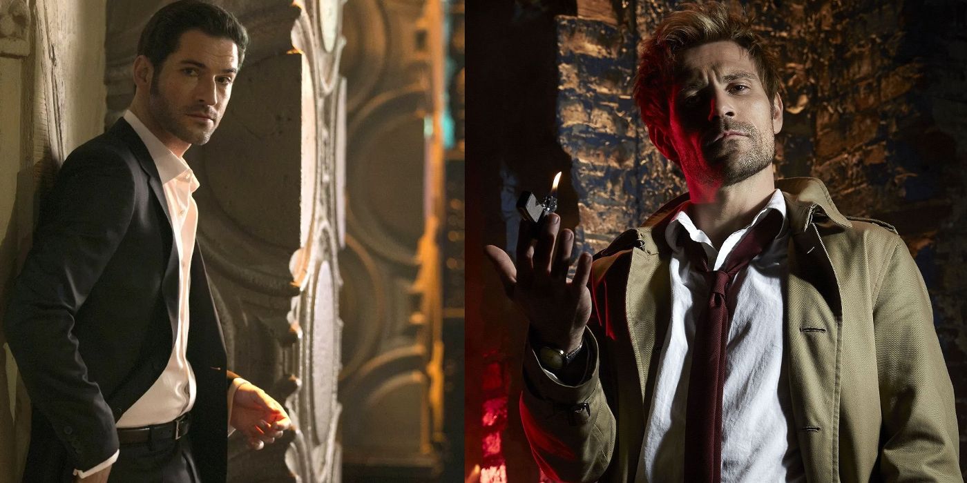 Lucifer poses against a wall on Lucifer and John holds up a Zippo in Constantine