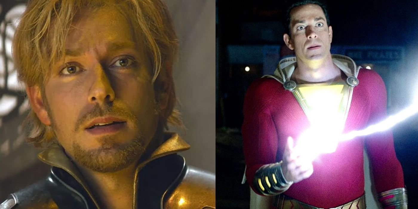 A close-up of Fandral is shown from Thor: Ragnarok and Shazam channels lightning in Shazam!