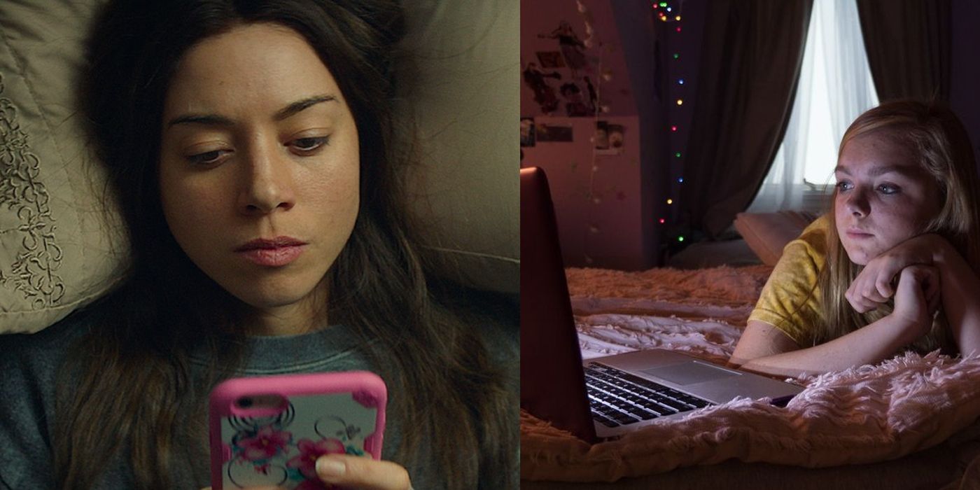 Ingrid uses her phone in bed in INgrid Goes West and Kayla stares at her computer in Eighth Grade